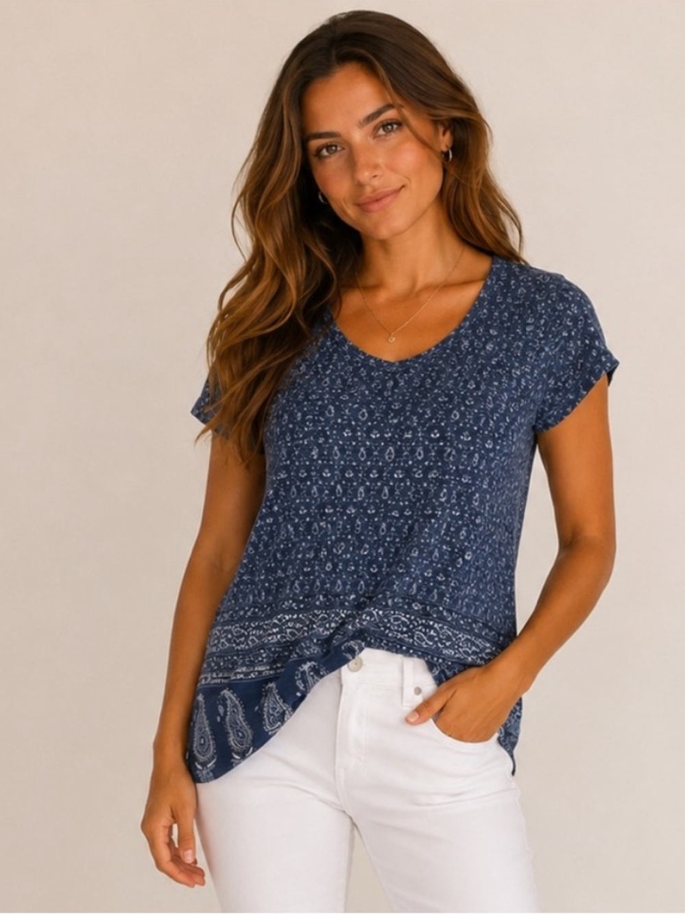 NWT Lucky Brand Navy Paisley Short-Sleeve Scoop Neck Tee